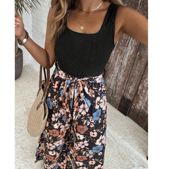 Plus Floral Print Wide Leg Belted Tank Jumpsuit - Picture 1 of 5